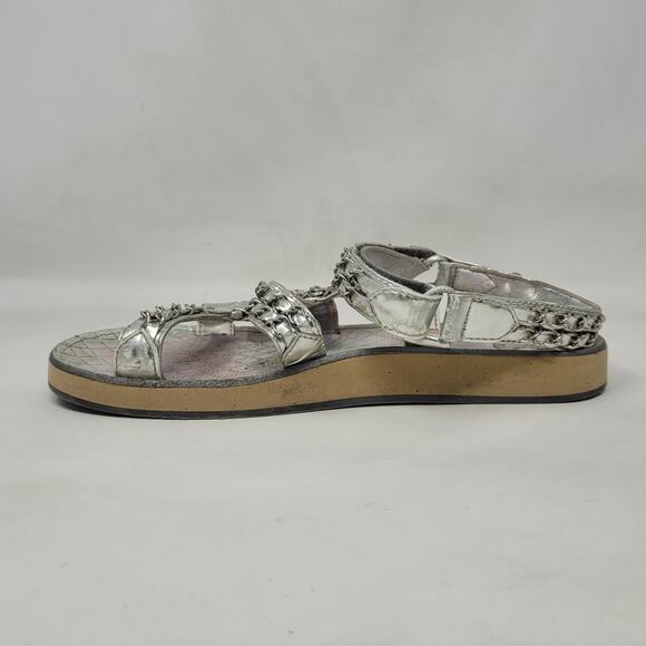 CHANEL Sandals IT39.5 US9.5 Silver Leather Flat Chain Coco Mark Sport 2002 Logo - Picture 6 of 16